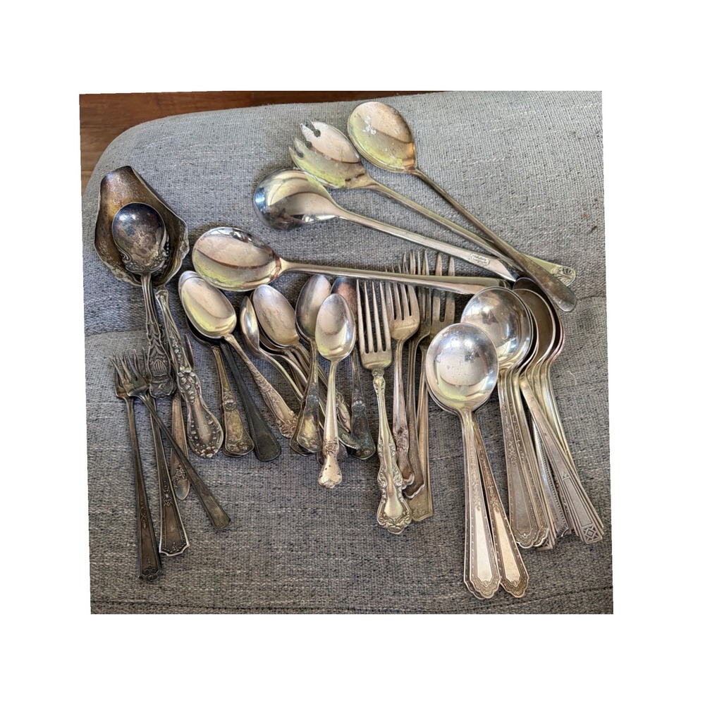 Vintage Mixed Silver Plated Flatware Lot Ornate Spoons Forks Mismatched 20+ Pcs